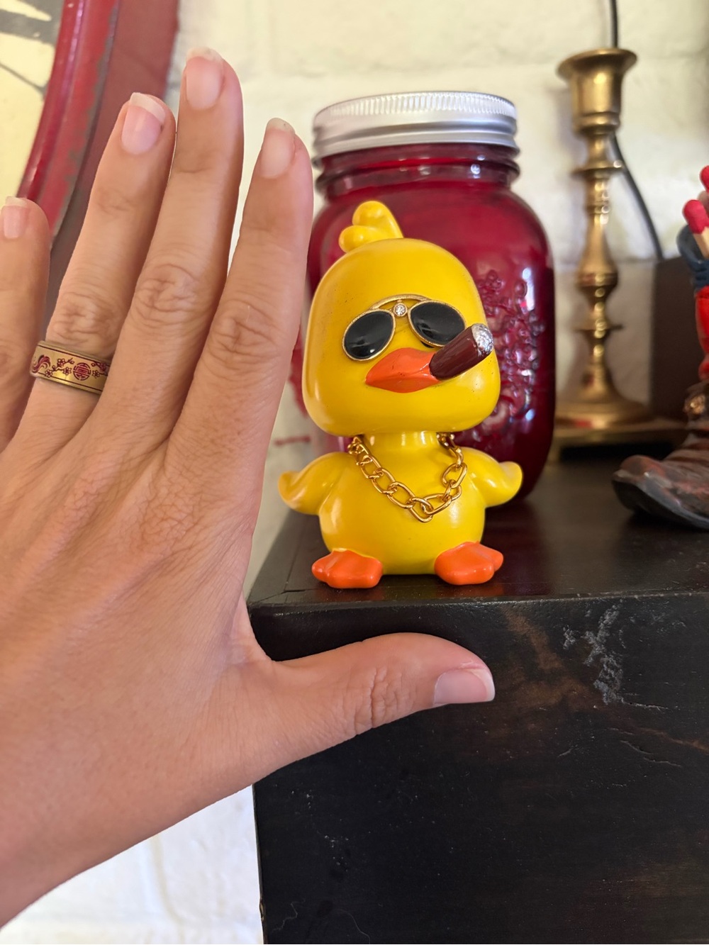 Yellow glass bobble head Gangster Duck Figurine with Sunglasses and Cigar